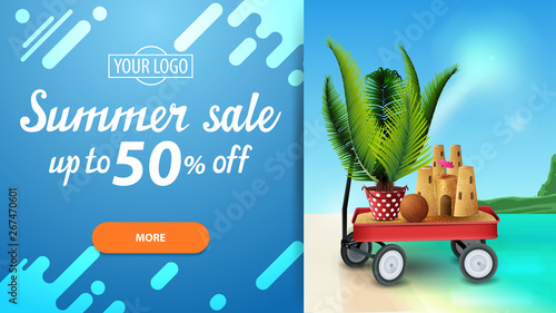 Summer sale, discount web banner for your website with beautiful seascape, modern design, garden cart with sand, sand castle and potted palm