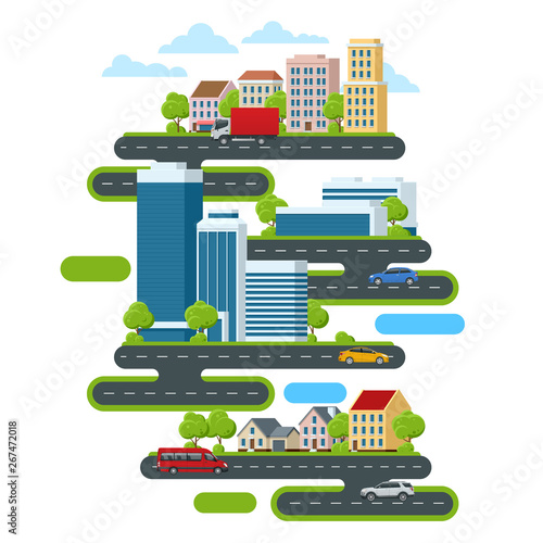 Cityscape with skyscrapers, business center and country houses. The concept of living outside the city and working in the city.