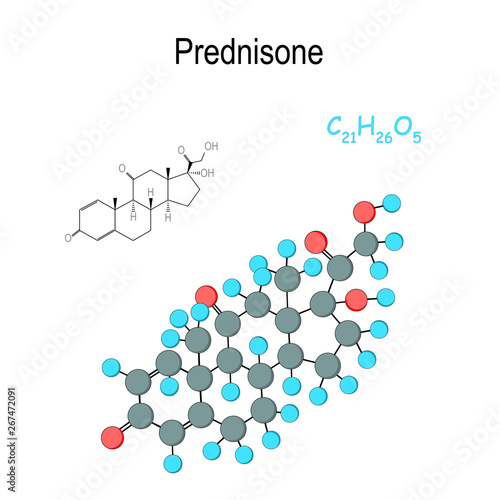 Prednisone. Chemical structural formula and model of hormone molecule. C21H26O5