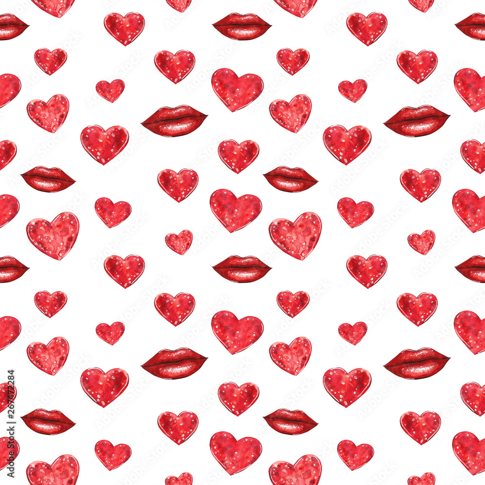 Hearts and red lips seamless pattern, hand drawn watercolor illustration isolated on white. Hearts and red lips seamless pattern, hand drawn watercolor illustration isolated on white.