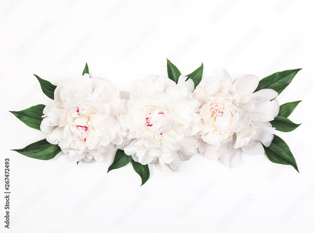 Three white peony flowers and leaves on white background. Top view. Flat lay. - obrazy, fototapety, plakaty 