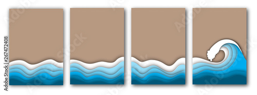 Paper cut summer beach with sea or ocean waves and sand flyers set