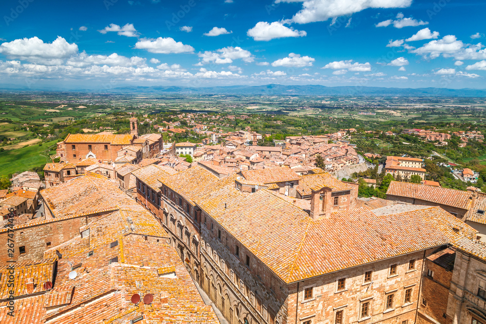 Montepulciano, a medieval and renaissance hill town in  the Italian province of Siena in southern Tuscany, Italy. View from above to the town and its surroundings.
