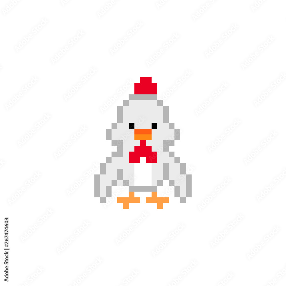 Obraz premium Pixel art rooster character isolated on white background. Domesitc bird icon. Cute 8 bit logo. Retro vintage 80s; 90s slot machine/video game graphics. Chicken mascot. Chinese zodiac symbol.