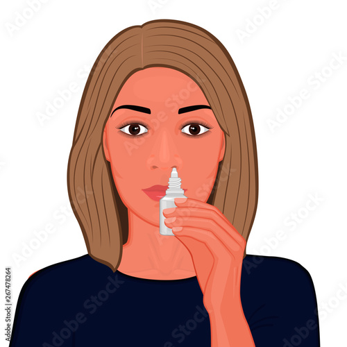 Vector illustration of a young woman with a nasal drops (spray) in her hand. Healing of runny nose. Close up view. For advertising and medical publications