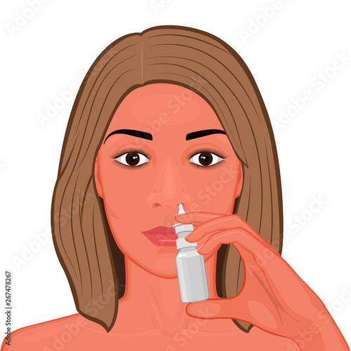 Vector illustration of a young woman with a nasal drops (spray) in her hand. Healing of runny nose. Close up view. For advertising and medical publications