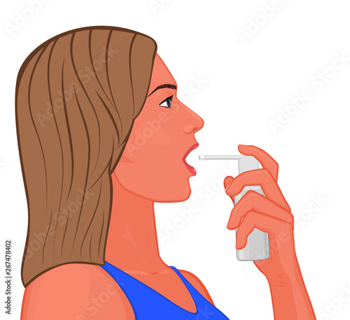 Vector illustration of a young woman with a throat spray in her hand. Healing of tonsillitis and angina. Close up view. For advertising and medical publications.
