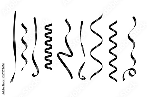 Set of blank black curl ribbon. Empty swirl ribbon mock up