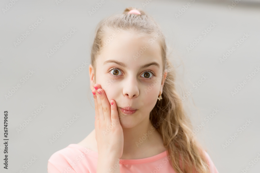 Wow shocking news. Girl carefree child. Kid long hair walking. Summer holidays. Little child enjoy walk. Surprise suits her. International childrens day. Surprising all the way. Surprise concept Wow shocking news. Girl carefree child. Kid long hair walking. Summer holidays. Little child enjoy walk. Surprise suits her. International childrens day. Surprising all the way. Surprise concept