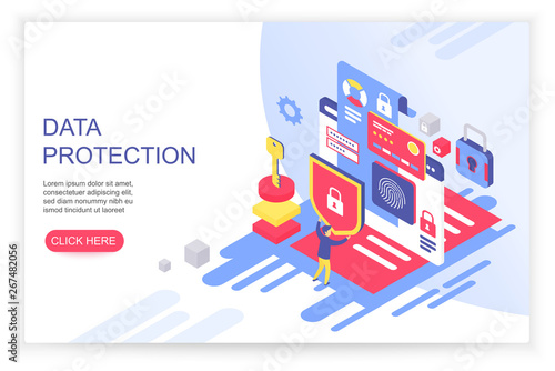 Data protection concept. Credit card check and software access data as confidential. Can use for web banner, infographics, hero images. Flat isometric illustration isolated on white background.