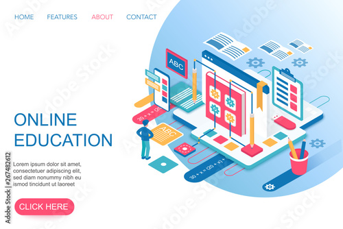 Online Education, training courses, internet university specialization 3d isometric landing website page template vector illustration.