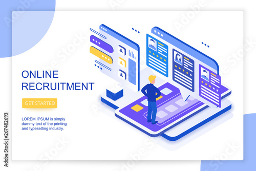 Online job searching and recruitment, human resource concept. We are hiring. 3d isometric landing website page template vector illustration.