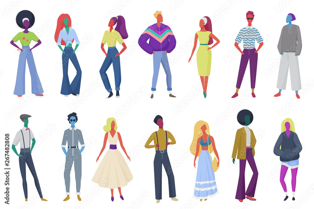 Group of minimalistic abstract retro fashion people wearing vintage clothes.  Men and women in 60s, 70s 80s style clothing at retro disco party vector  illustration. Stock Vector