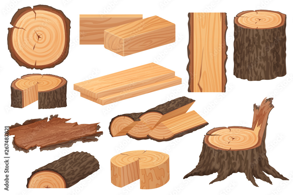 Wood industry raw materials. Realistic high detailed vector production samples. Tree trunk, logs, trunks, woodwork planks, stumps, lumber branch, twigs. Wood industry raw materials. Realistic high detailed vector production samples. Tree trunk, logs, trunks, woodwork planks, stumps, lumber branch, twigs.