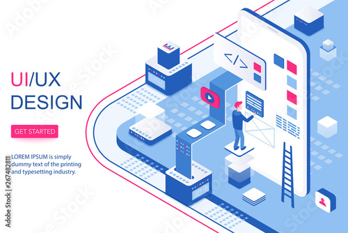 UI UX design infographic concept. Mobile app software and visual content 3d isometric landing website page template vector illustration.