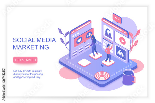 Social media marketing infographics concept with people 3d isometric landing website page template vector illustration.