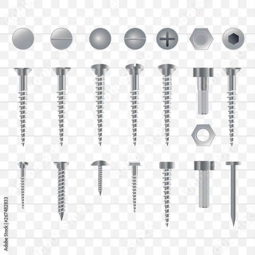 Set of 3d realistic metal screws, stainless steel bolts, nuts, rivets and nails isolated onn a transparent background. Vector Illustration.