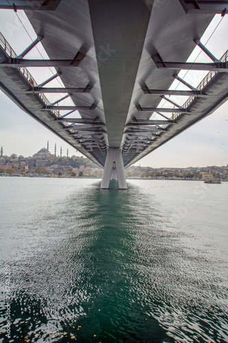 Golden Horn view of new built Halic Metro Bridge, vintage filter applied 