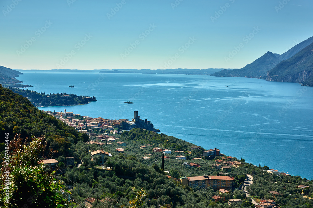 Monte Baldo,Lago di Garda ,Italy 4 October 2018:View of the Lake Garda and the town of Malcesine from Monte Baldo, Italy.Panorama of the gorgeous Garda lake surrounded by mountains in the autumn