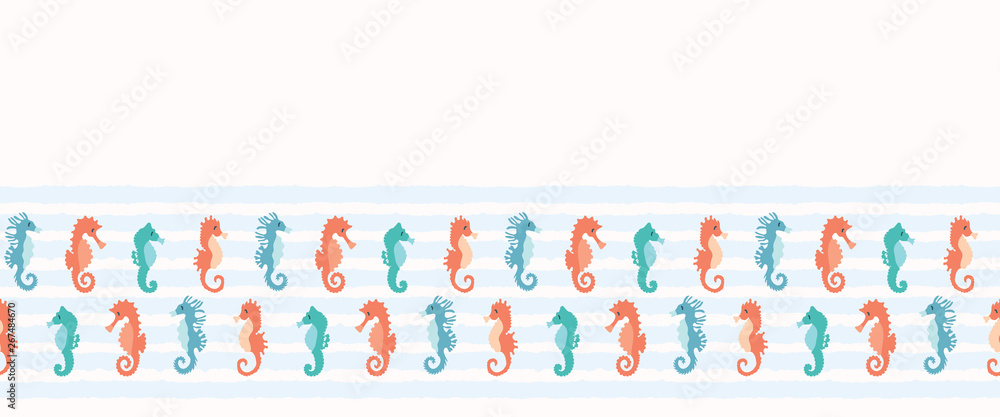 Cute seahorses cartoon illustration border pattern. Hand drawn ocean ...