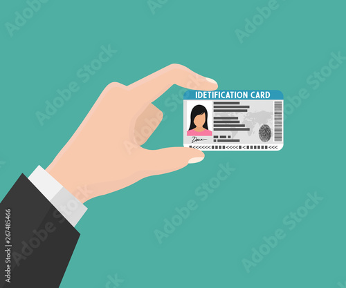 Illustration of hand holding the id card. Vector illustration flat design. The idea of personal identity.