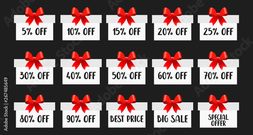 Special sale offer. Set of black gift boxes. Isolated on white background. Discount offer price. Vector illustration.