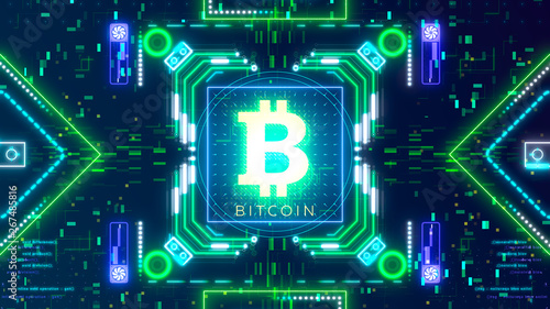 Bitcoin cryptocurrency sign on the digital background. Financial theme 3d render