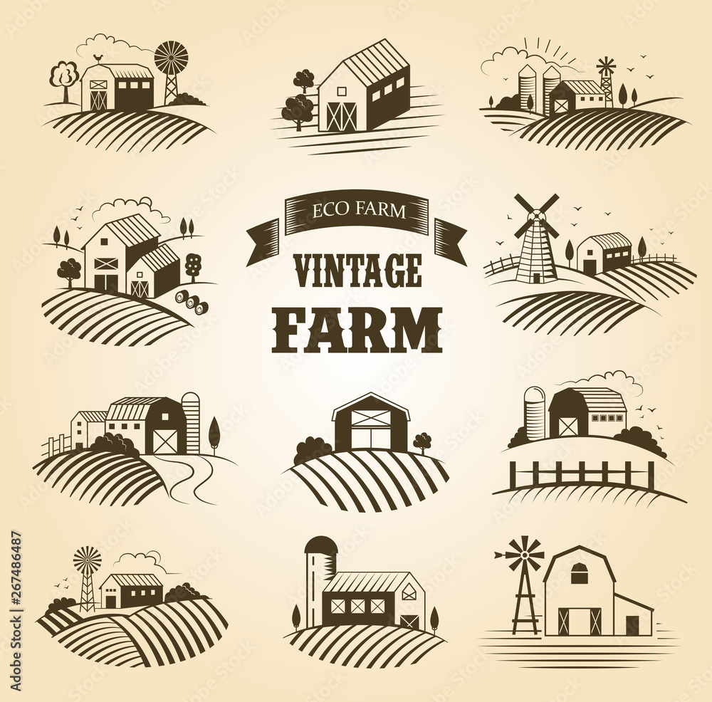 Set of isolated vintage eco farms, landscapes, labels for natural farm products. Farm House concept collection. Retro woodcut style vector illustration.