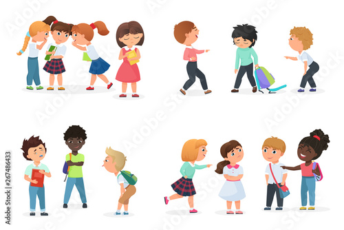 Problem of kids bullying at school. Multiracial boys and girls humiliate, offend, tease, gossip, force, threat, intimidate or aggressively dominate others.