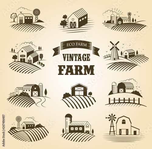 Set of isolated vintage eco farms, landscapes, labels for natural farm products. Farm House concept collection. Retro woodcut style vector illustration.