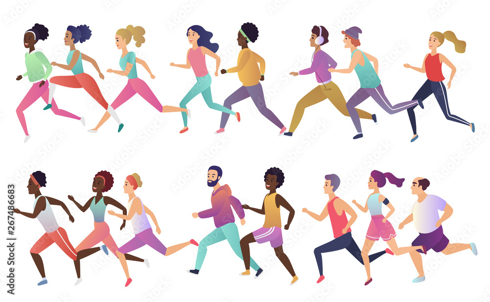 Group of isolated happy smiling healthy strong young fit multiethnic running men and women wearing stylish sports clothes. Active lifestyle promotion vector illustration.