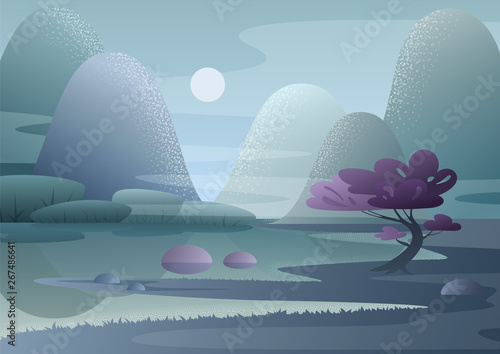Cartoon fantasy foggy morning Japanese landscape of beautiful fabulous nature with mountains, lake, hills, trees, bushes. Vector flat traditional asian landscape in fog for game, card, poster.