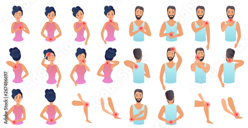 Body parts pain infographic set. Man and woman feels pain in different parts of body flat vector illustration. Various painful points set.