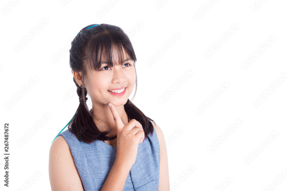 Beautiful asian girl thinking and smiling isolated over white background