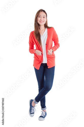 Full length of beautiful asian woman smiling isolated over white background