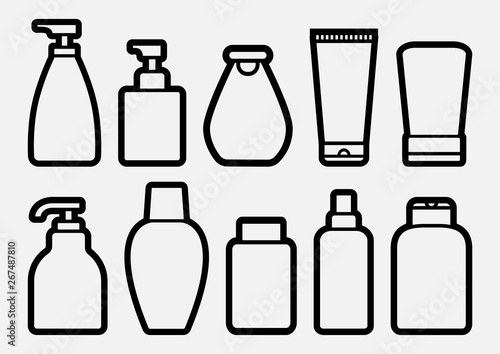 Set of cosmetic bottle icons, outline design. Vector illustration
