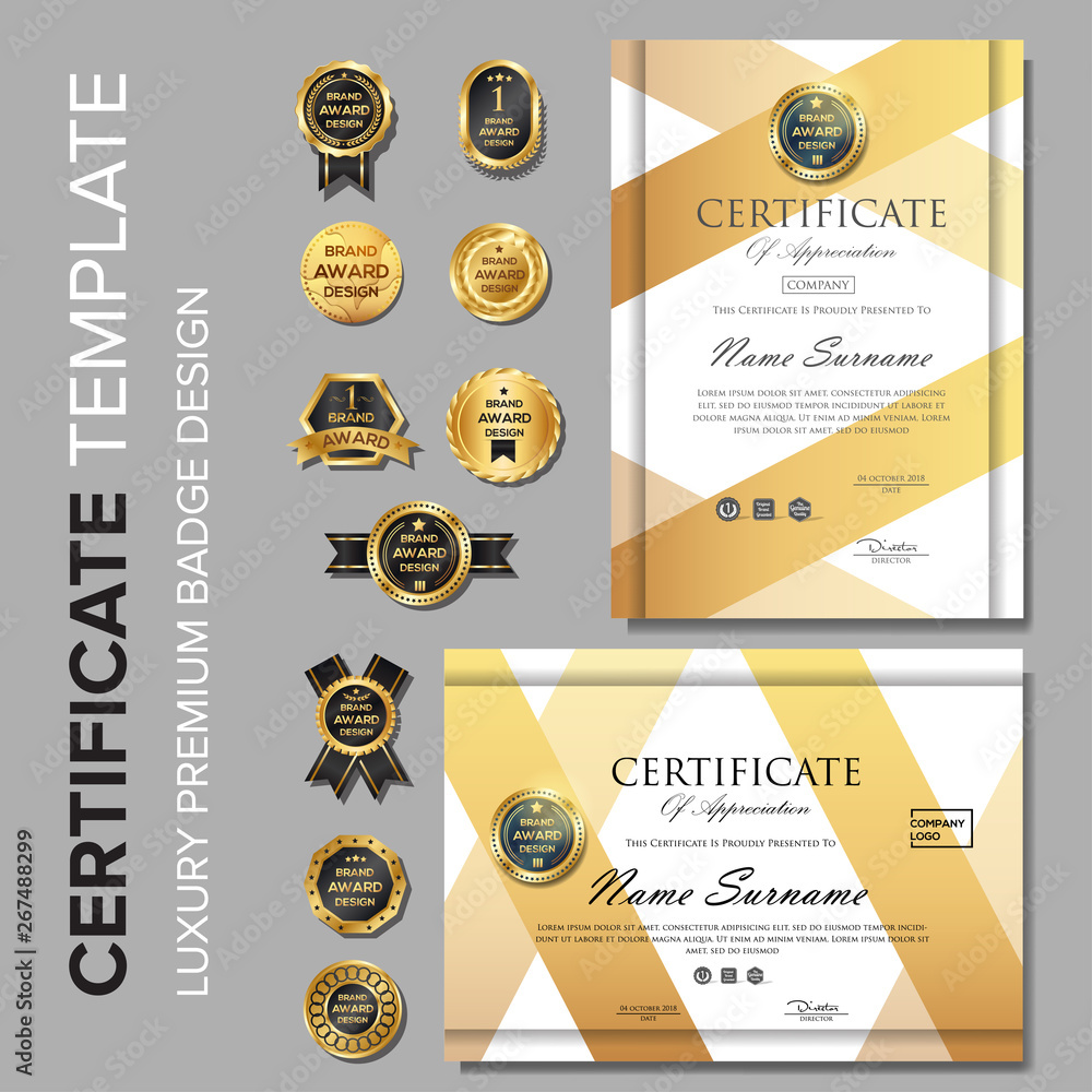 Gold certificate design with badge Stock Vector | Adobe Stock