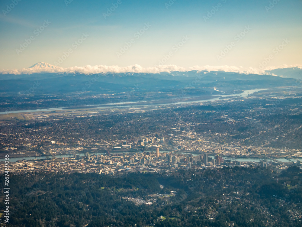 Aerial View of Downtown Portland With Snowed Peak in the Background