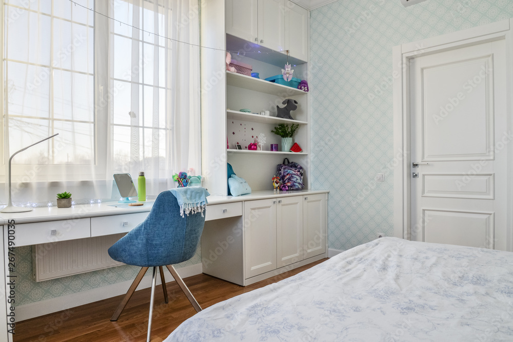 Interior of a teenage girl room in blue and white colors Stock Photo ...