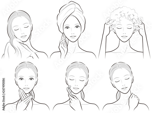 ヘアケアとスキンケアをしている女性のイラスト
