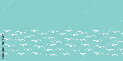 Cute seagulls flying in summer sky. Marine animal bird seamless vector border background. Hand drawn sealife tile. Ribbon trim, kids textile edgings. Maritime fashiontrim, classy nautical home decor.