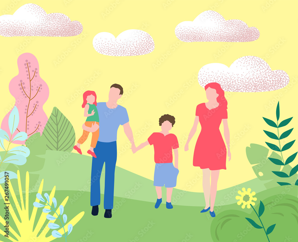 Hello summer. Family with kids walking in city park or forest. Hello summer. Family with kids walking in city park or forest.