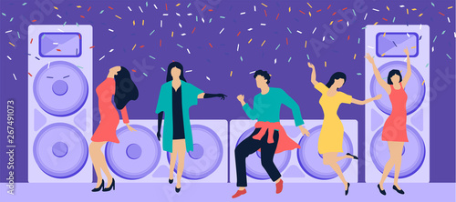 Party festive poster with people, loudspeakers and confetti. Flat style design.