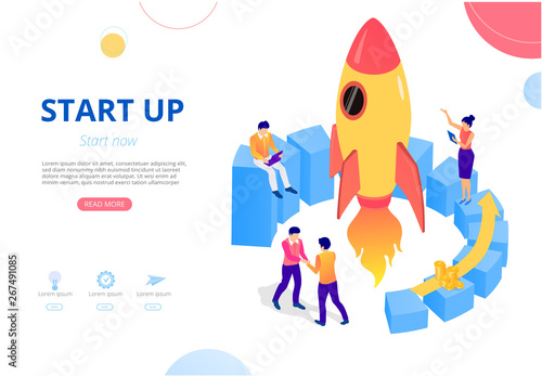 New business start up. Homepage template with people, money and rocket.