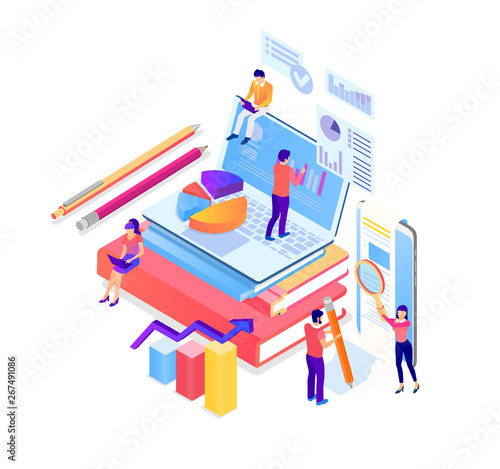 Business statistics, financial indicators and online analysis service. Illustration with people and laptop.
