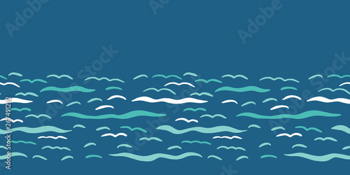 Turquoise blue ocean waves seamless vector border pattern. Hand drawn seaside beach water tile. Wavy aqua banner for seafaring blog, nautical textile, maritime home decor. Wet lake, river, sea fabric