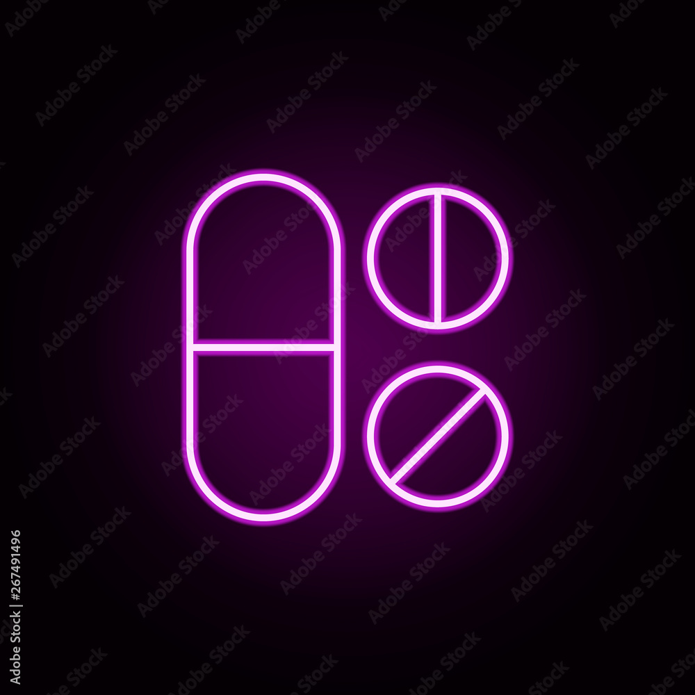 Obraz premium Pills neon icon. Elements of medical set. Simple icon for websites, web design, mobile app, info graphics