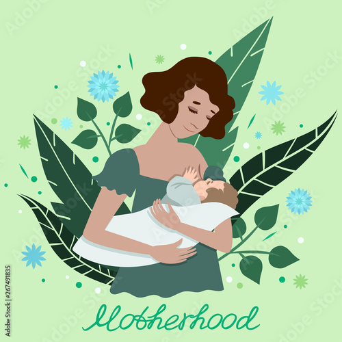 Illustration of a young mother breastfeeding her baby. A postcard with the words motherhood. Vector illustration. For medical posters, design postcards, banners, flyers and more.