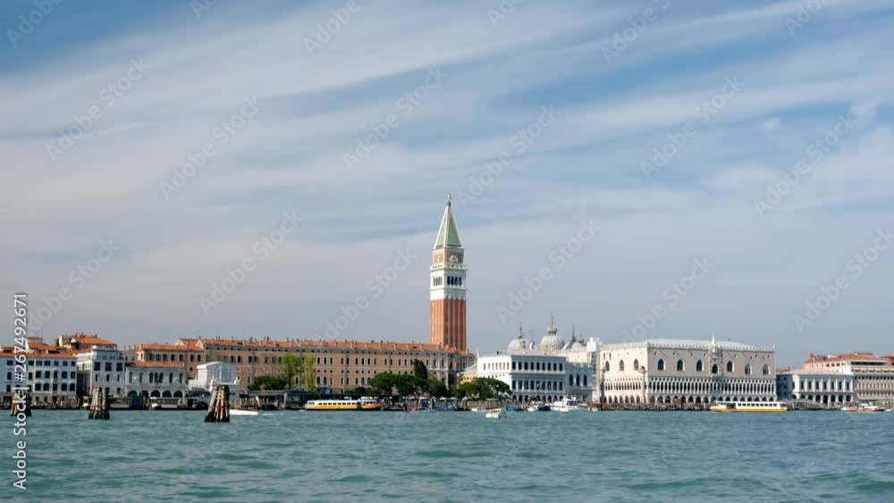 Beautiful view of Venice with Doges Palace and Campanile seen during a boat trip. Italy. Moving camera Beautiful view of Venice with Doges Palace and Campanile seen during a boat trip. Italy. Moving camera