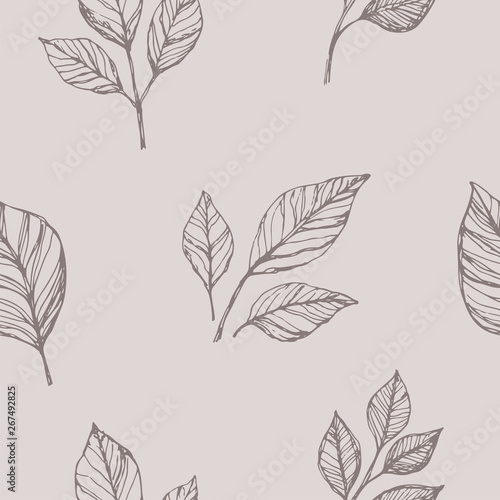 Rose leaf vector seamless pattern. Hand drawn floral vintage background